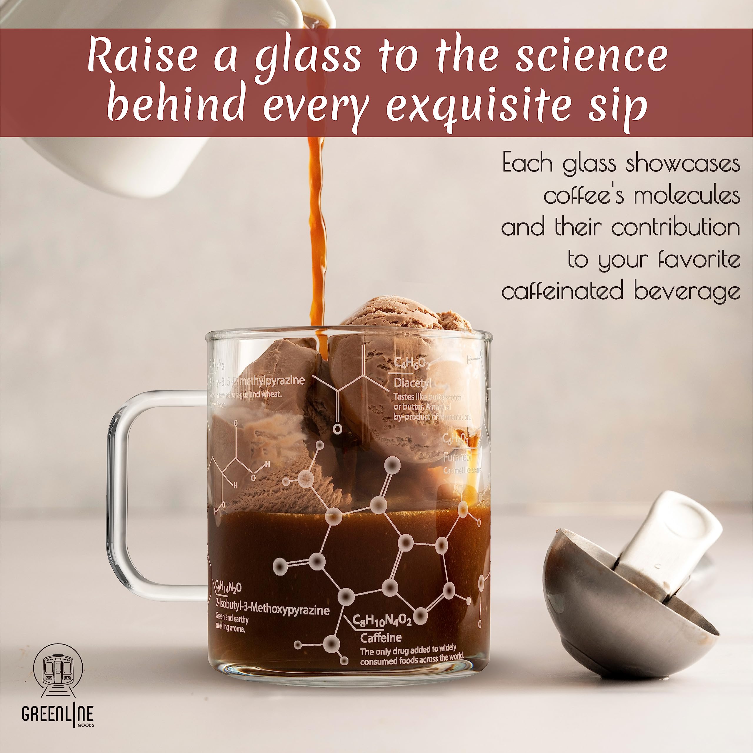 Greenline Goods glass coffee mug etched with molecule pattern, enhances coffee appreciation.
