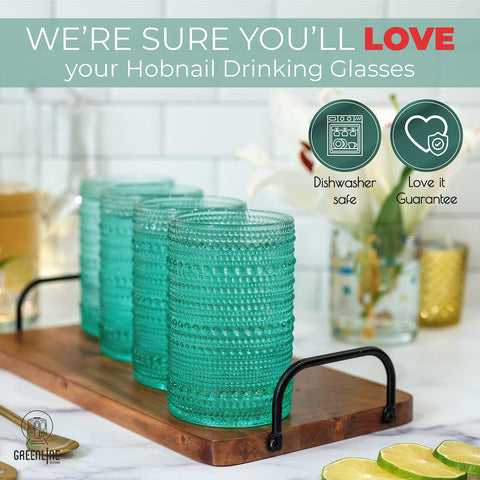 Cocktail setup with Greenline Hobnail glasses in vintage modern blue green tone.