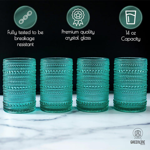 Pouring beverage into a 12 oz Greenline Hobnail glass showing balanced capacity.