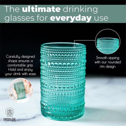 Stacked blue green Greenline Hobnail glasses saving space in a modern kitchen.