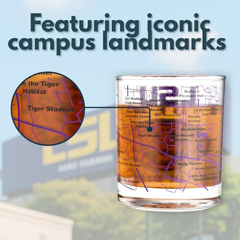 Greenline Goods LSU Tigers glass heavy-base closeup emphasizes sturdy, premium feel.