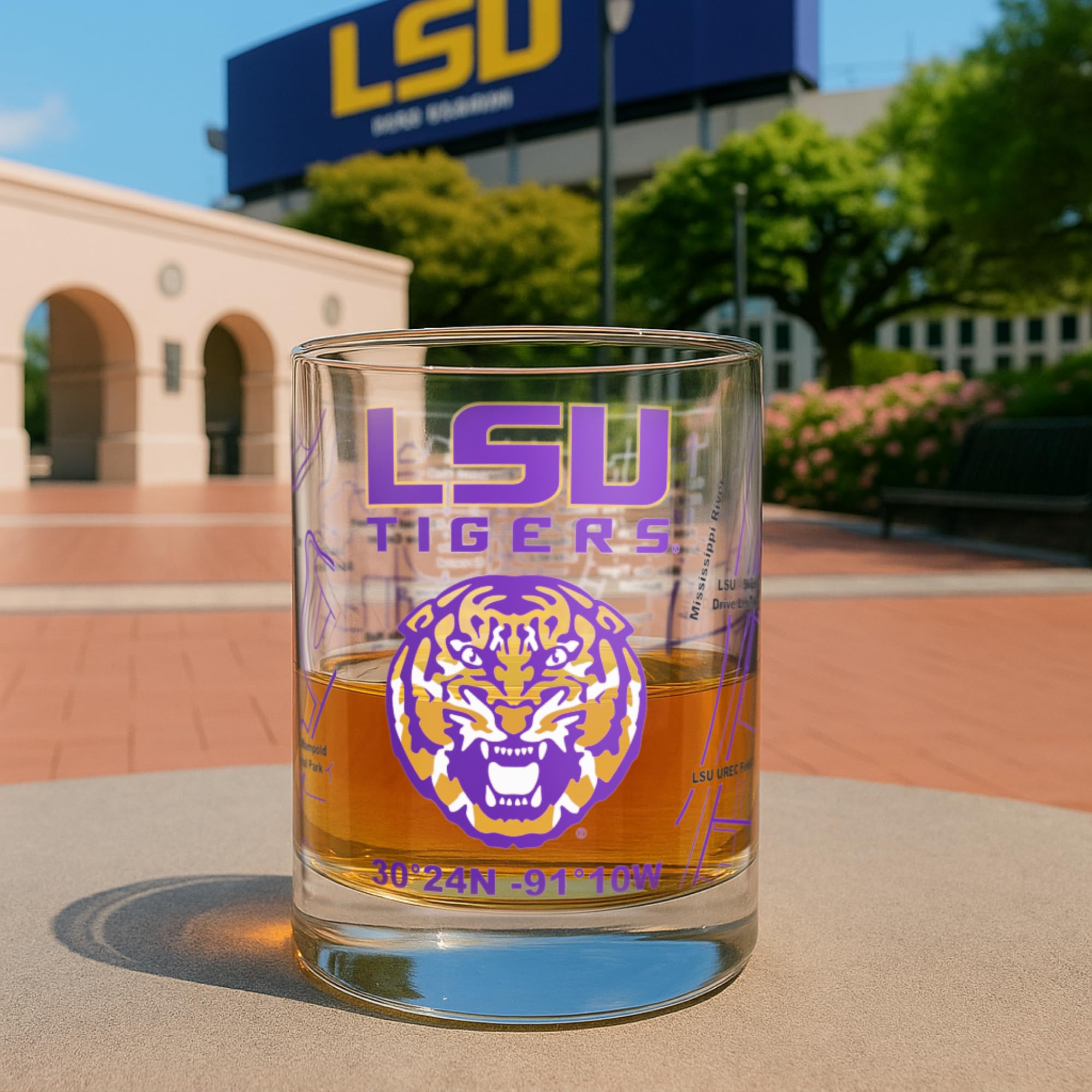 Greenline Goods LSU Tigers glass neat-pour ready for bourbon or Old Fashioned.