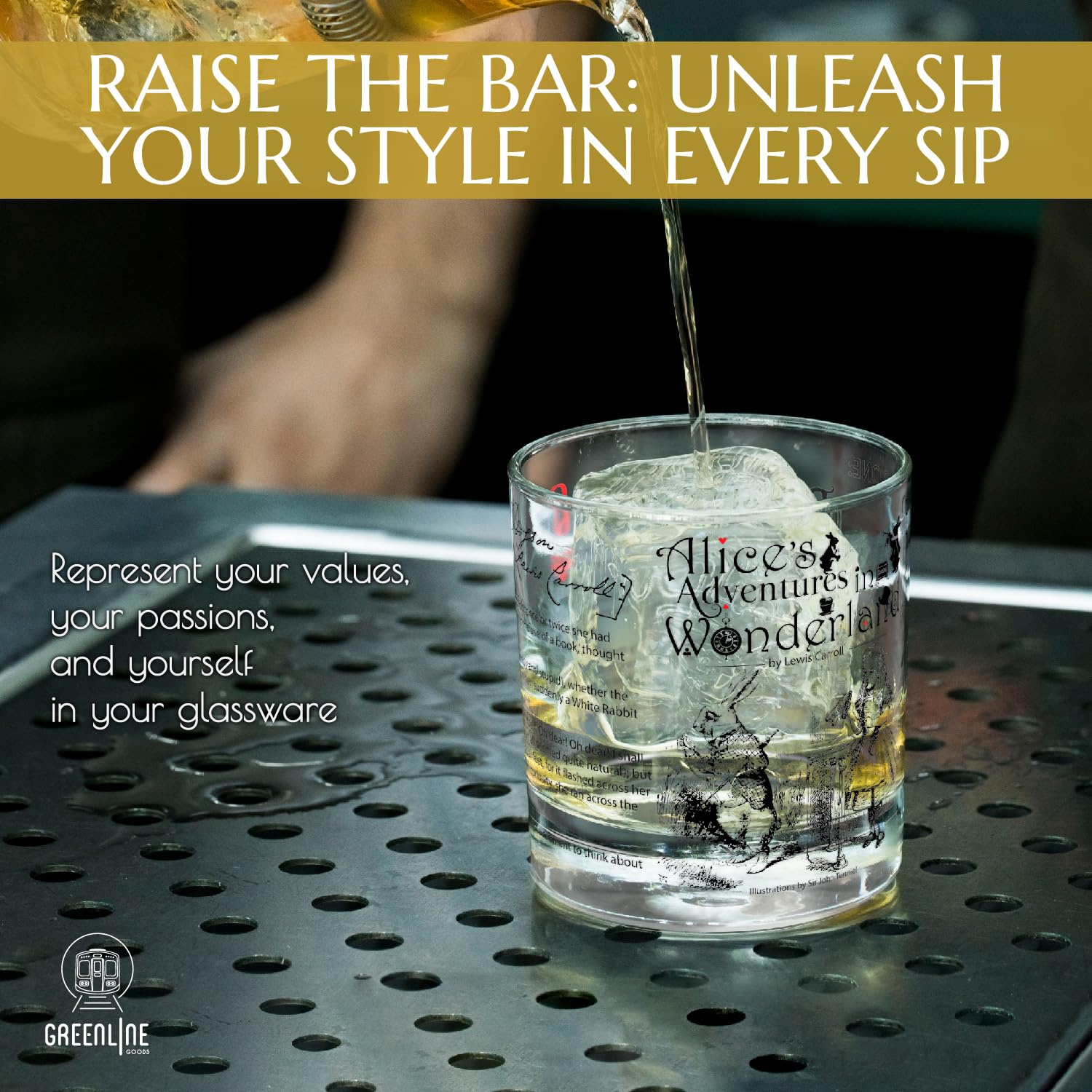 Greenline Goods Mad Hatter tea party design glass enhances literary gift moments.