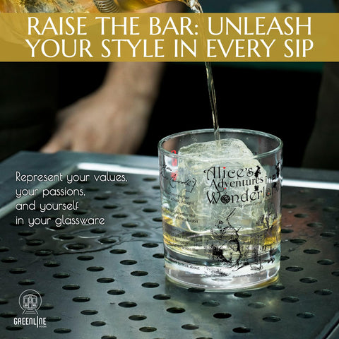 Greenline Goods Mad Hatter tea party design glass enhances literary gift moments.