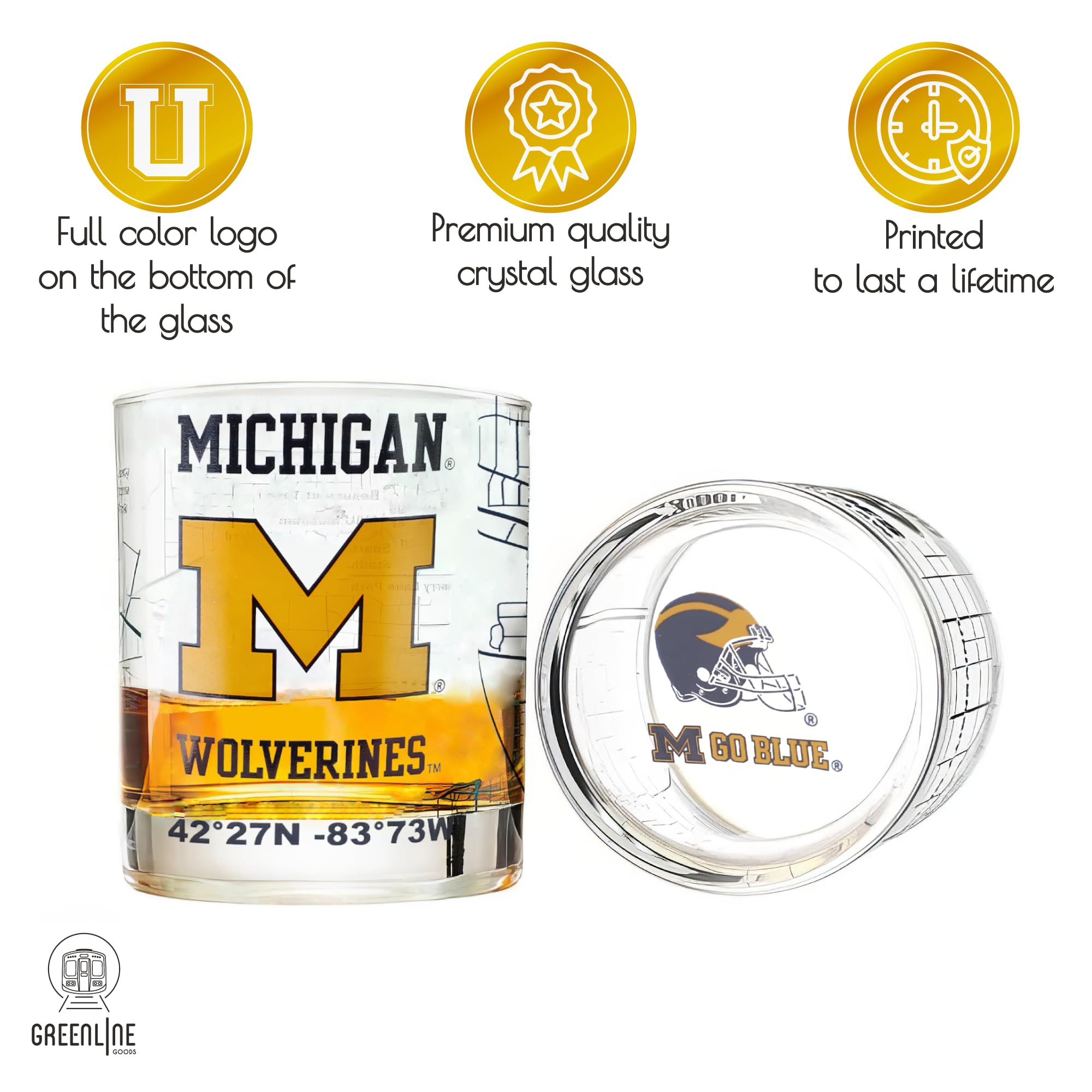 Greenline Goods Michigan Wolverines glass, 10 oz heavy-base, great for bourbon enthusiasts.