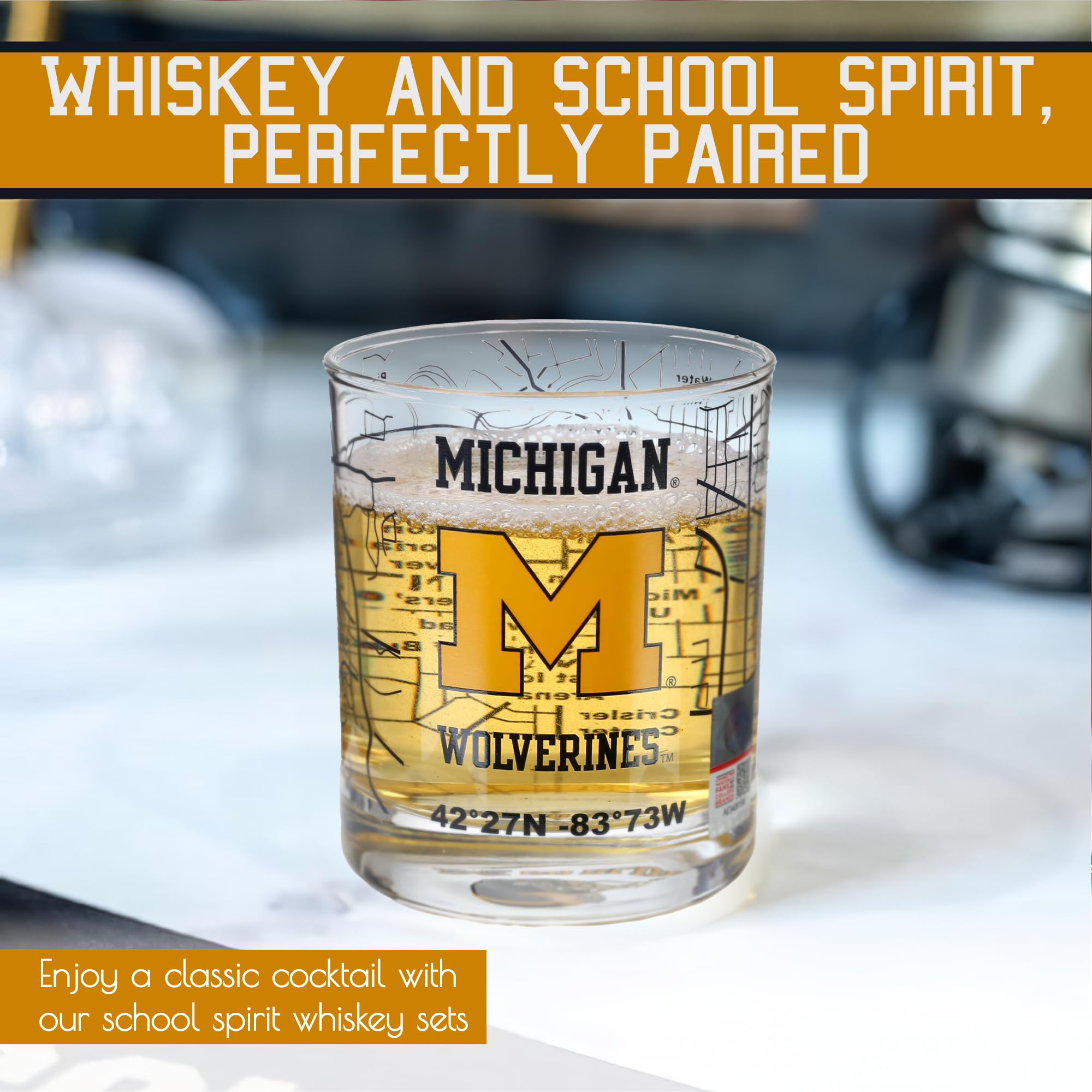 Greenline Goods Wolverines glasses showing campus map wrap ideal for gatherings.