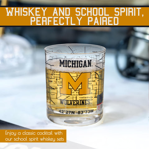 Greenline Goods Wolverines glasses showing campus map wrap ideal for gatherings.
