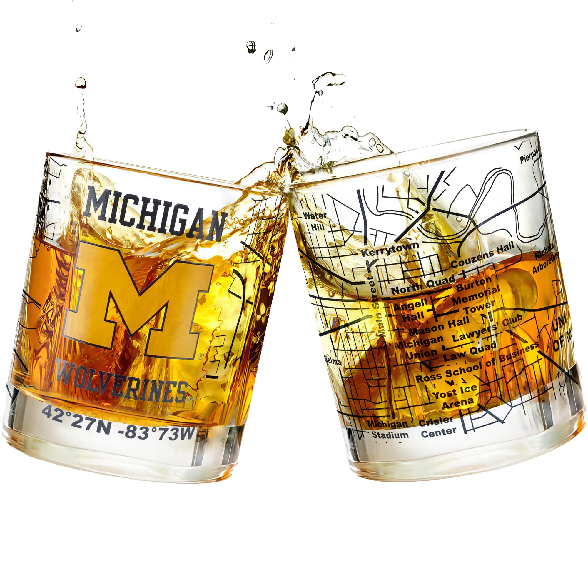 Greenline Goods Michigan Wolverines glasses with full-color logo and campus map for game-night nostalgia.
