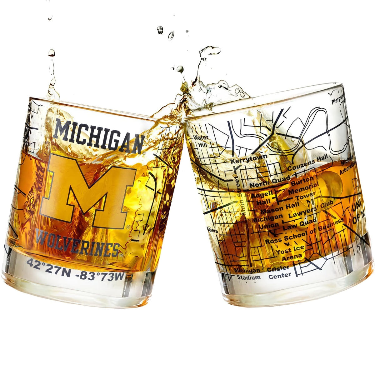 Greenline Goods Michigan Wolverines glasses with full-color logo and campus map for game-night nostalgia.