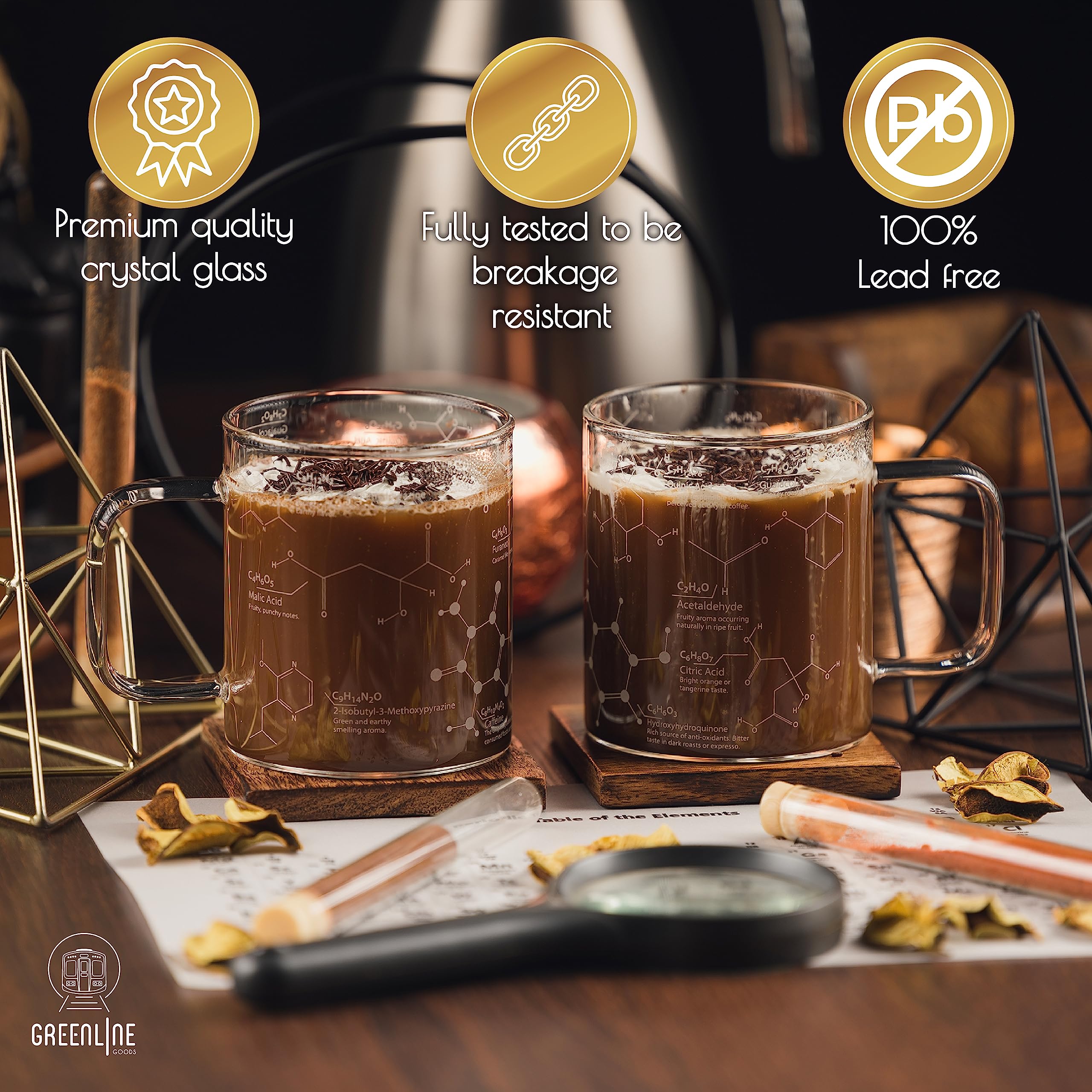 Greenline Goods sand-etched coffee molecule design detail for study and sipping.