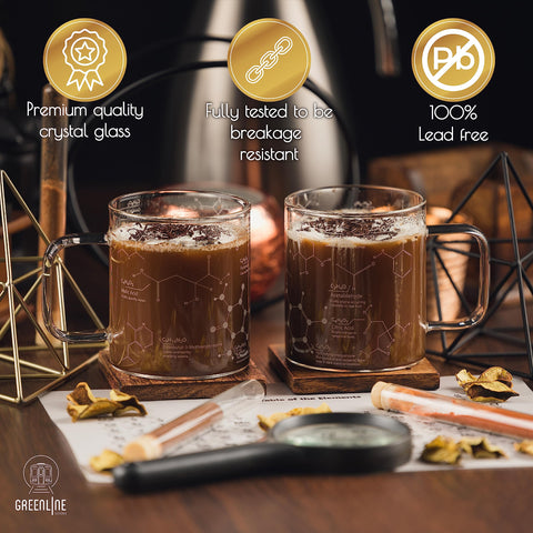 Greenline Goods sand-etched coffee molecule design detail for study and sipping.