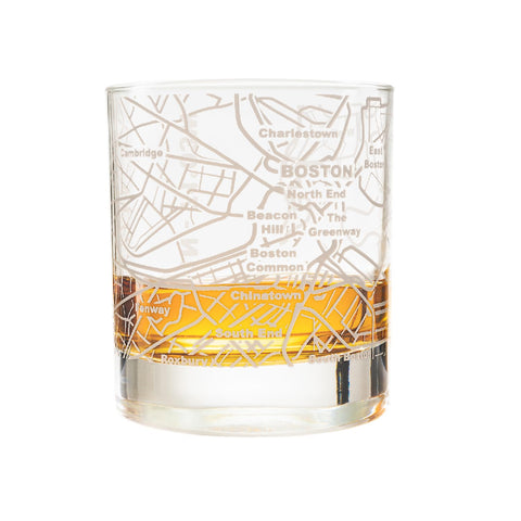 Greenline Goods whiskey glass with etched Boston map for refined after-dinner enjoyment