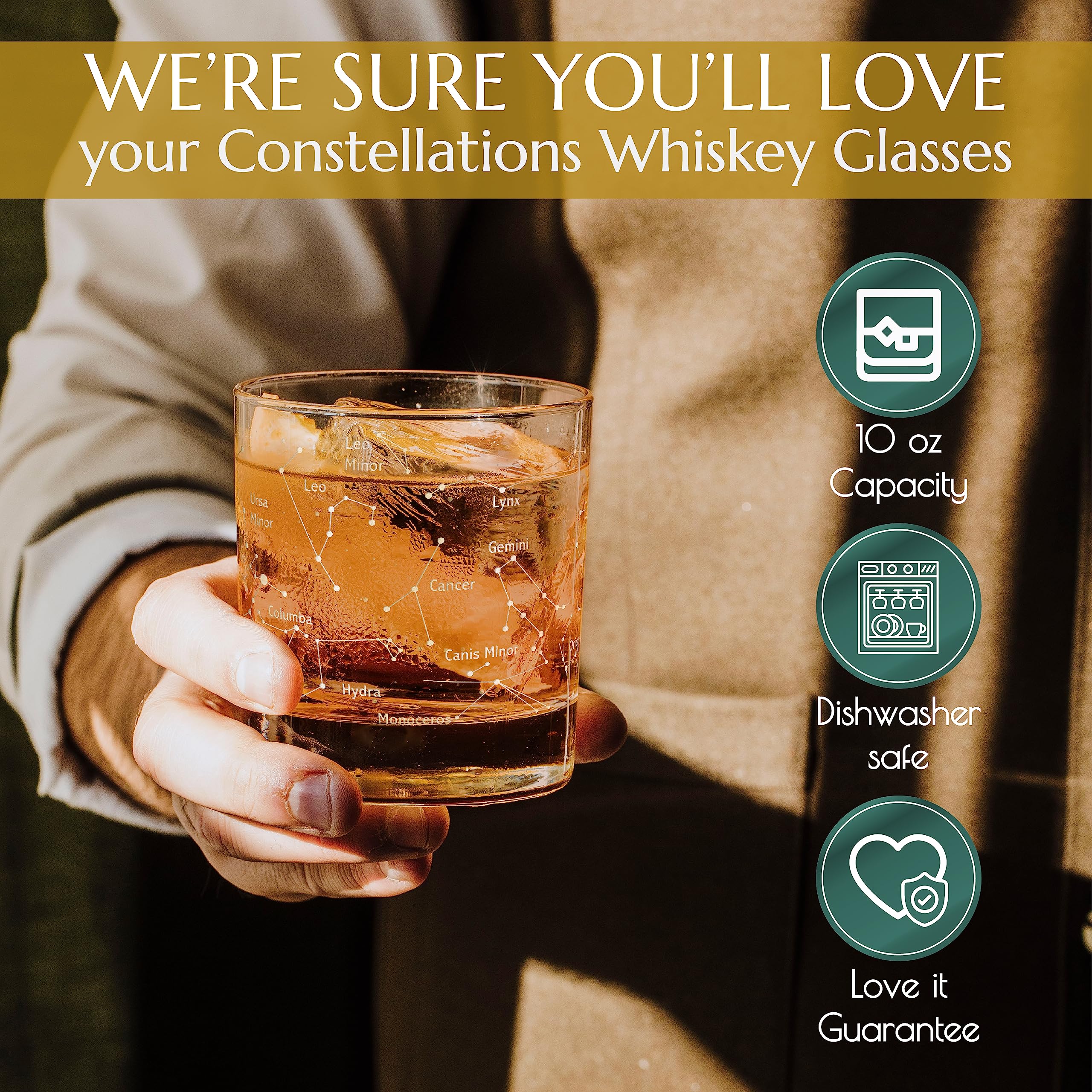 Greenline Goods whiskey glass showcases Orion and constellations map wrap for immersive nights.