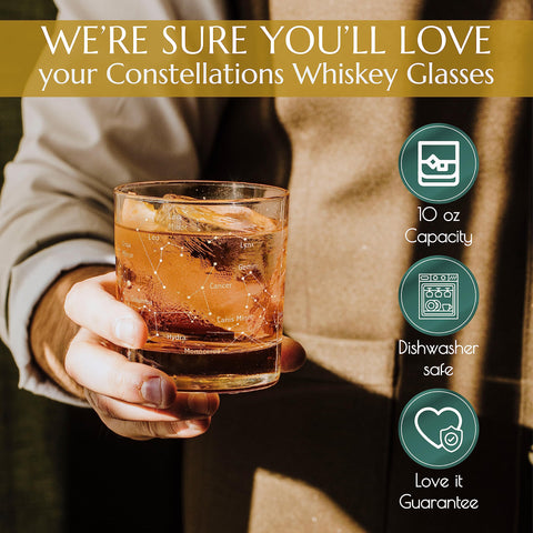 Greenline Goods whiskey glass showcases Orion and constellations map wrap for immersive nights.