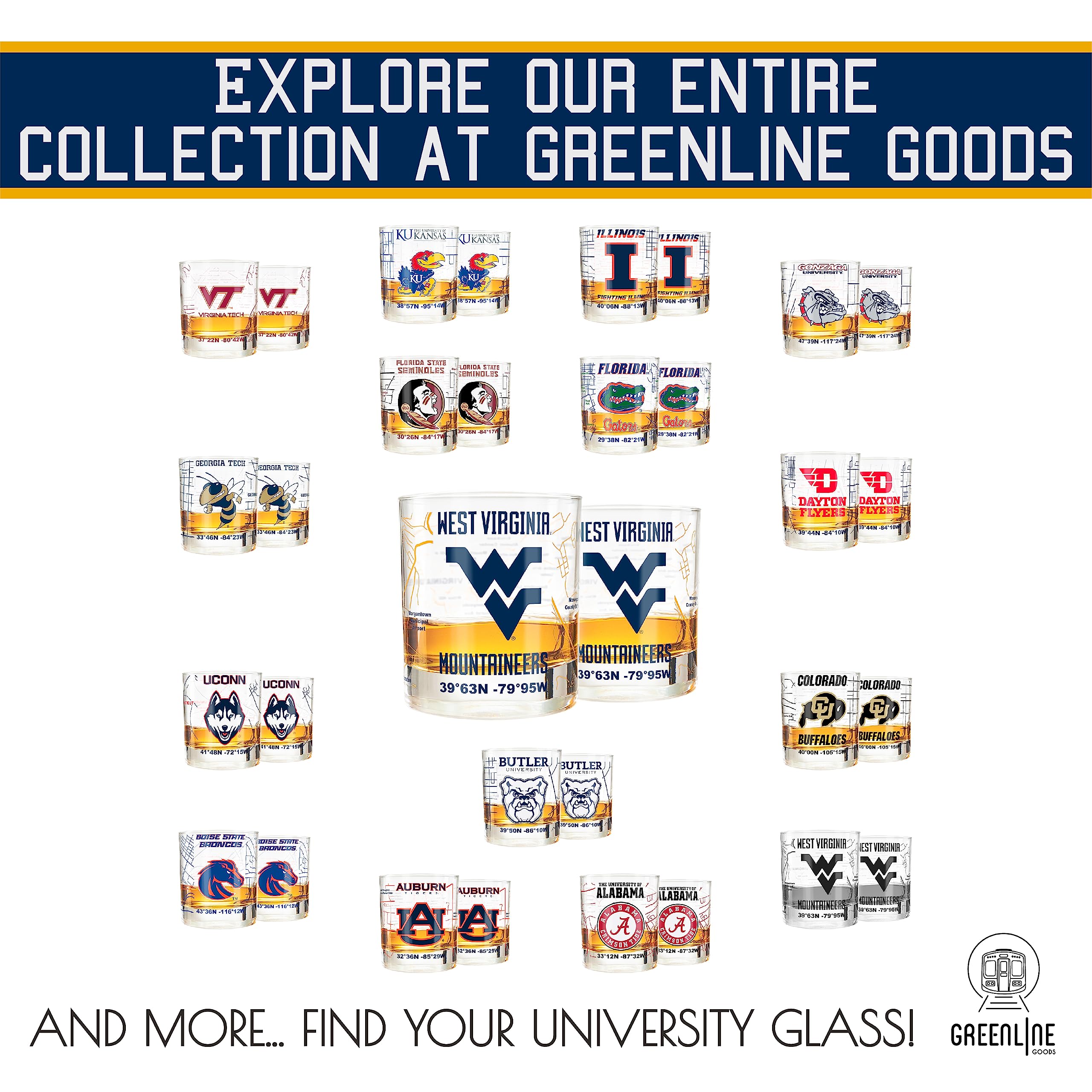Greenline Goods WVU 10-ounce rocks glass for Old Fashioned or bourbon.