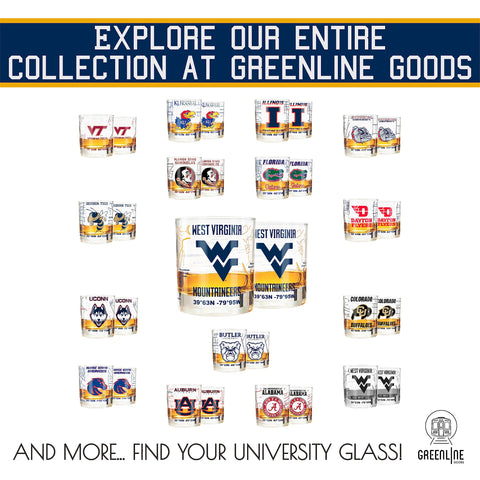 Greenline Goods WVU 10-ounce rocks glass for Old Fashioned or bourbon.