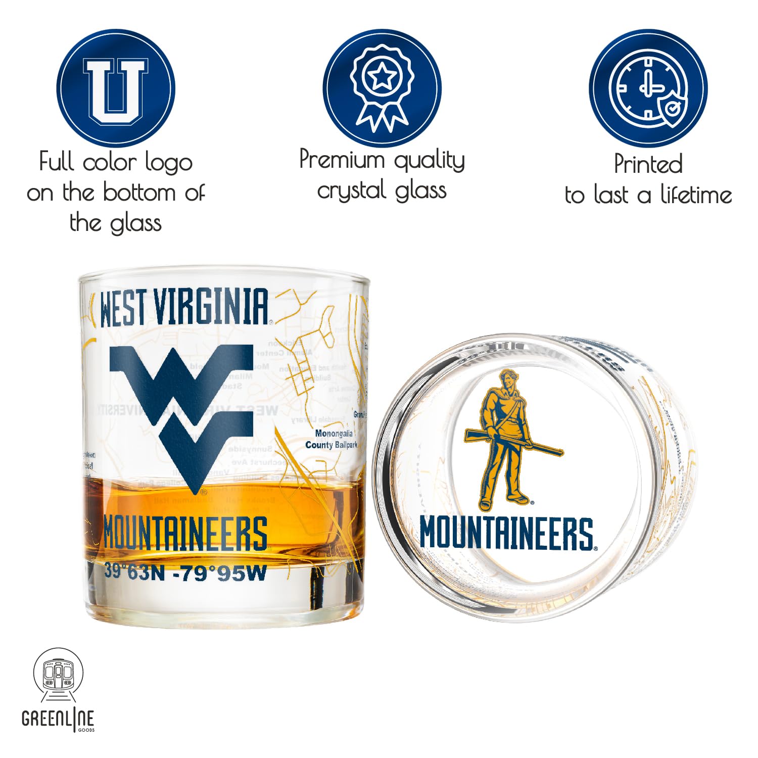 Greenline Goods WVU campus map wrap closeup highlights landmarks and latitude lines.