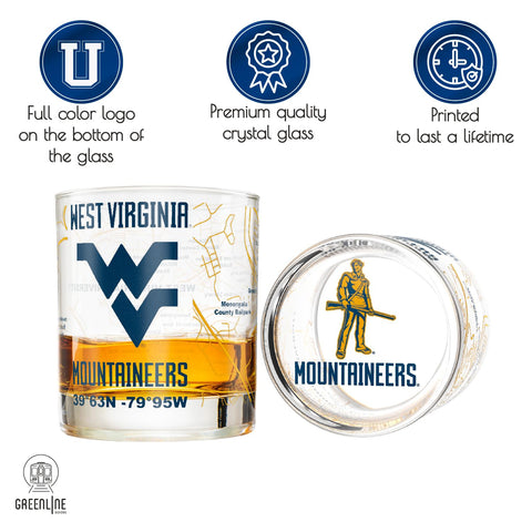 Greenline Goods WVU campus map wrap closeup highlights landmarks and latitude lines.