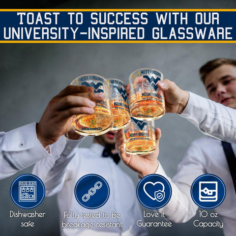 Greenline Goods WVU glasses are dishwasher safe with durable print.