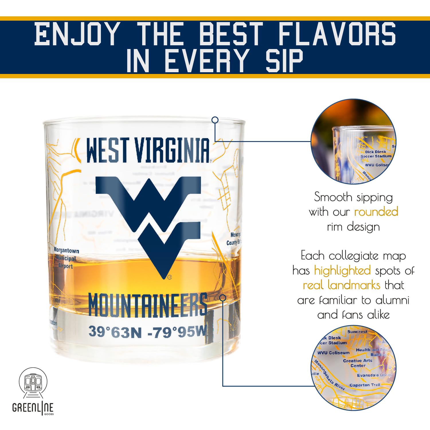 Greenline Goods WVU glasses in gift box offer ready-to-gift presentation.