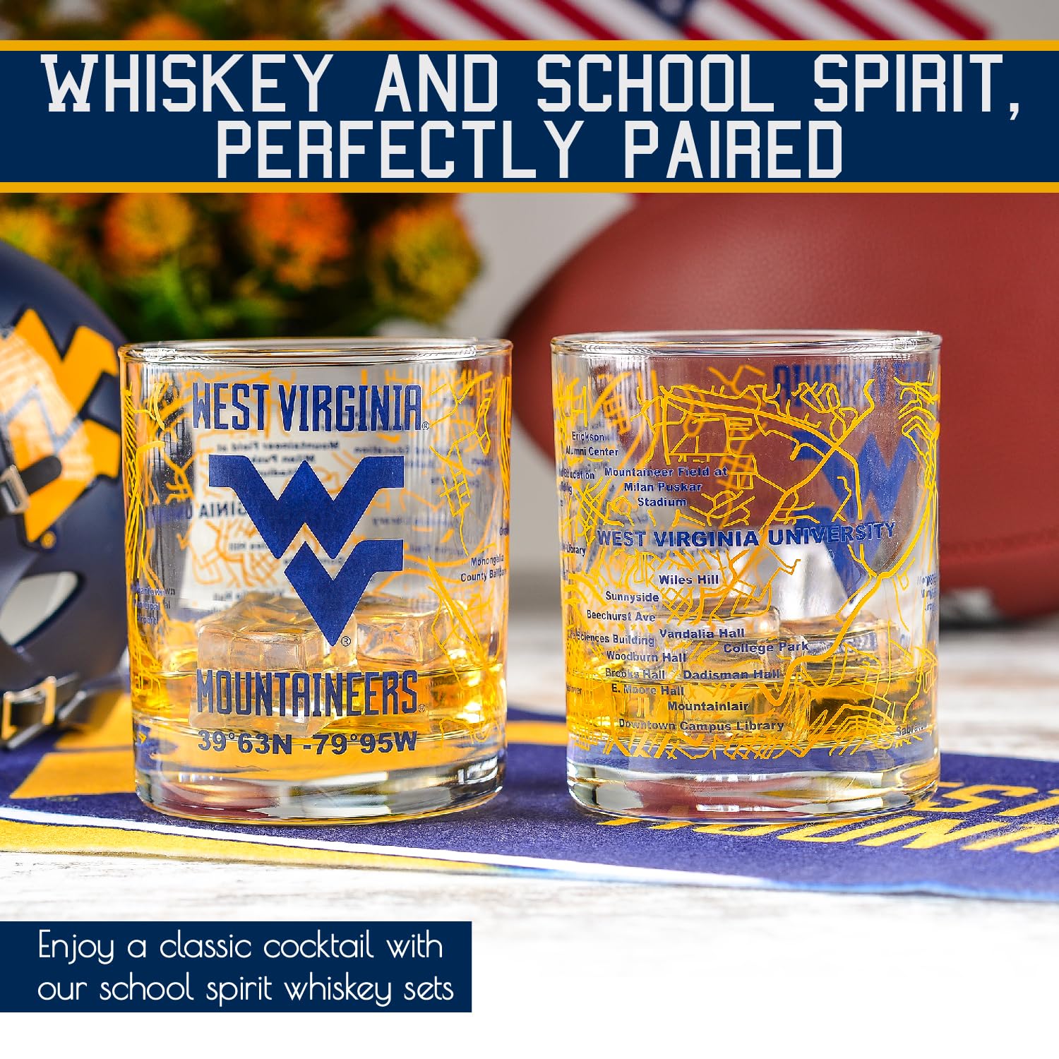 Greenline Goods WVU glass shows logo detail for rich team branding.