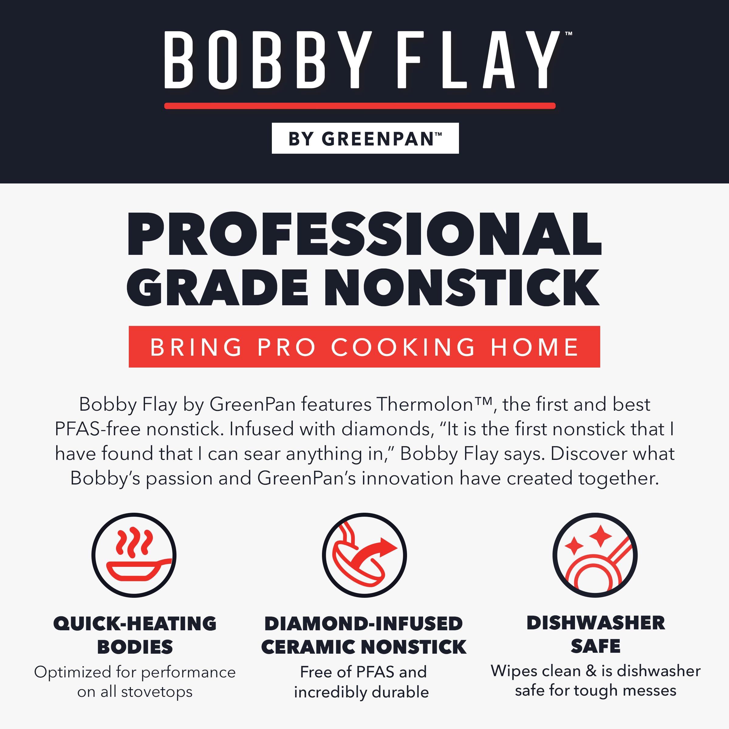 GreenPan Bobby Flay dishwasher-safe pan for quick, simple cleanup.