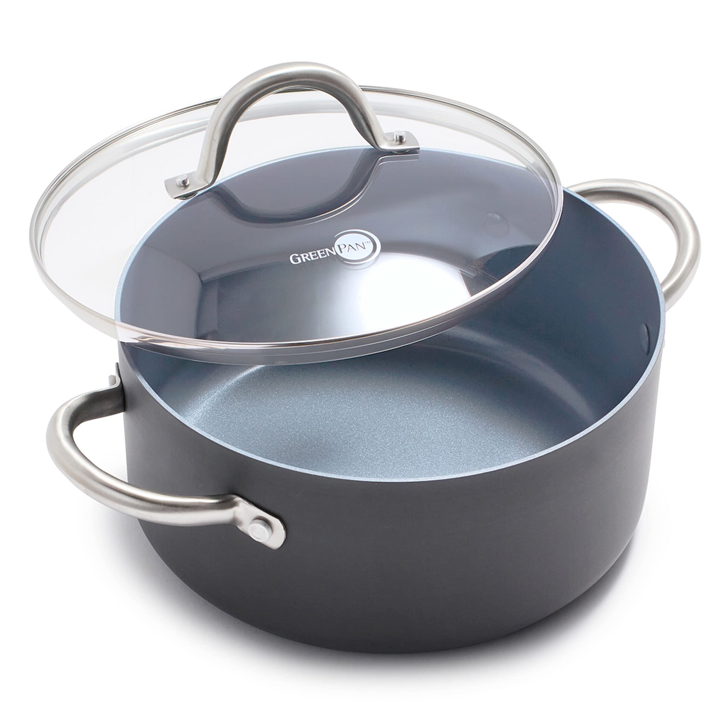 GreenPan Lima stock pot with glass lid, easy progress monitoring while cooking.