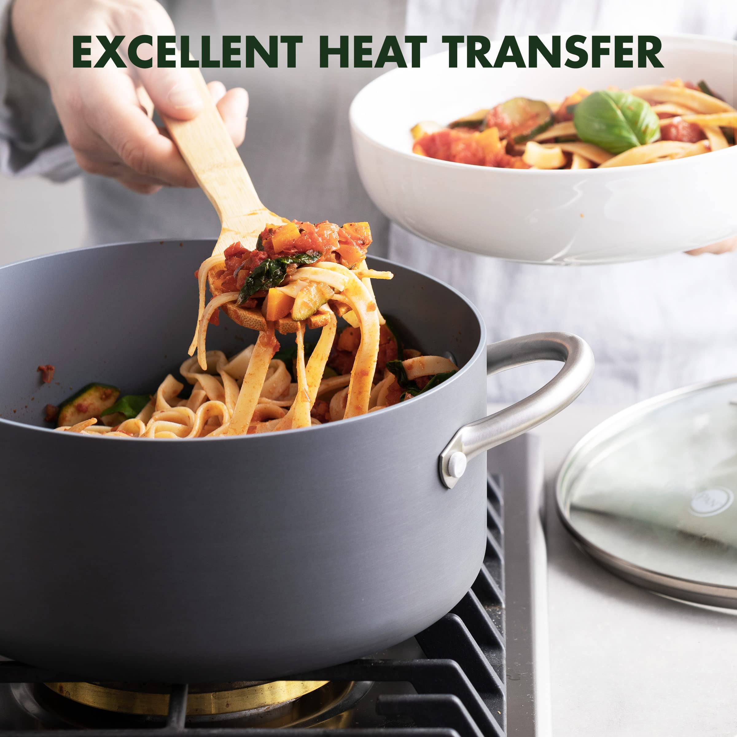 GreenPan Lima riveted stainless steel handles offer a comfortable grip.
