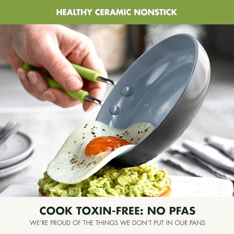 GreenPan Mini egg pan top view emphasizes 5-inch size for single-serve meals.