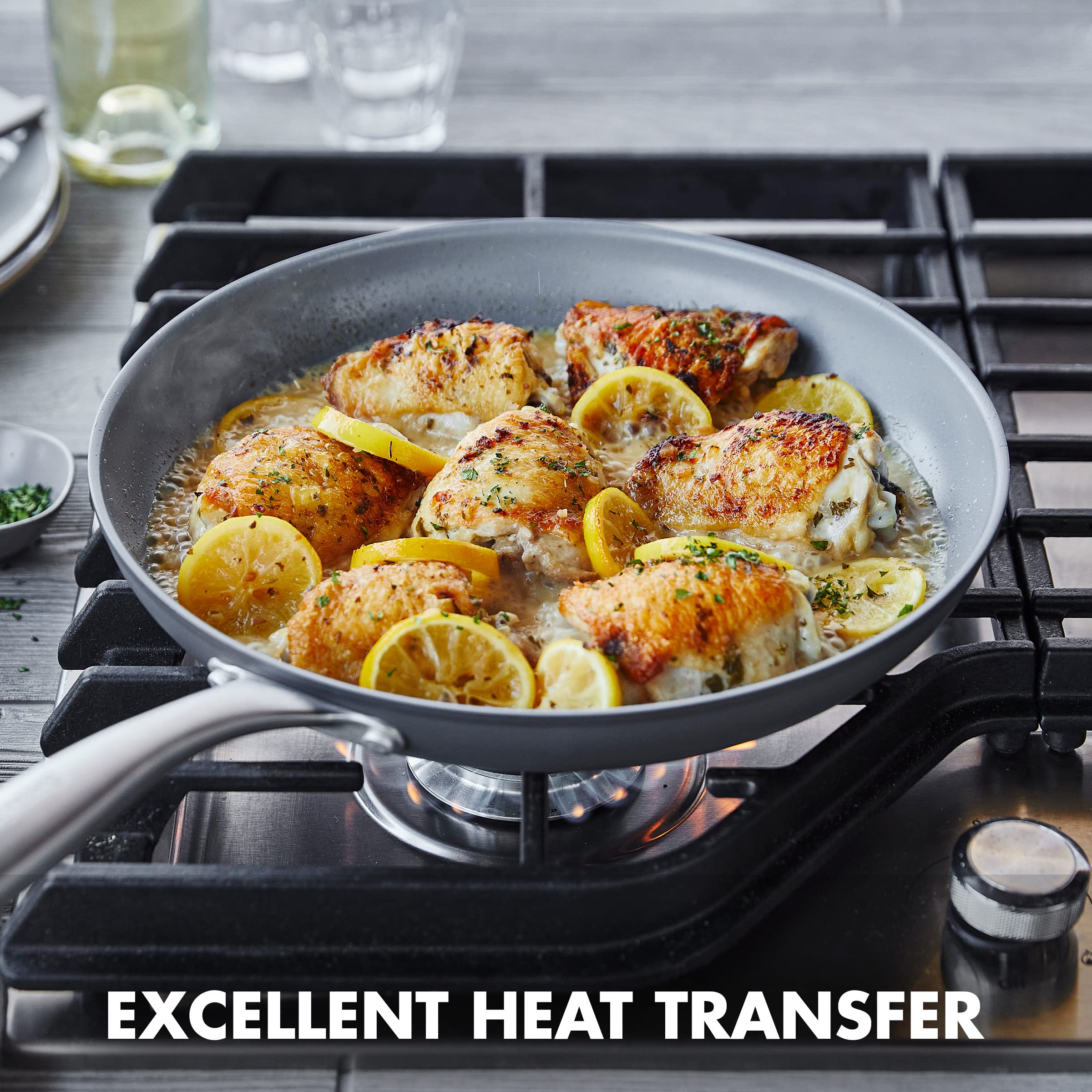 GreenPan stainless steel handle offers ergonomic, secure grip