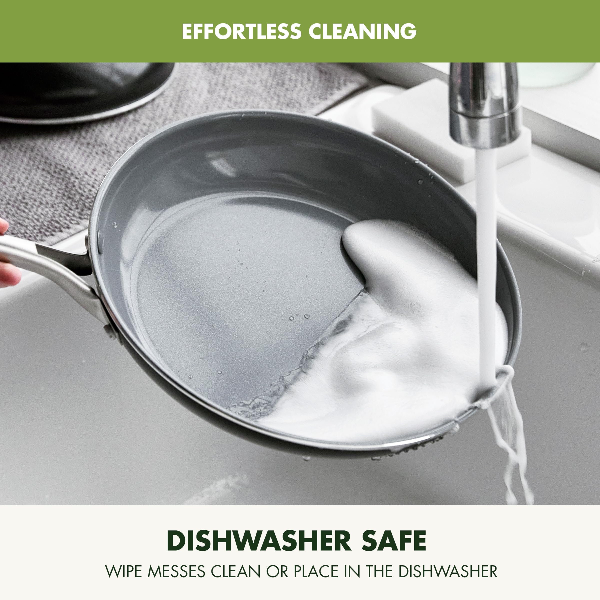 GreenPan Swift in the dishwasher to show easy cleanup after cooking.