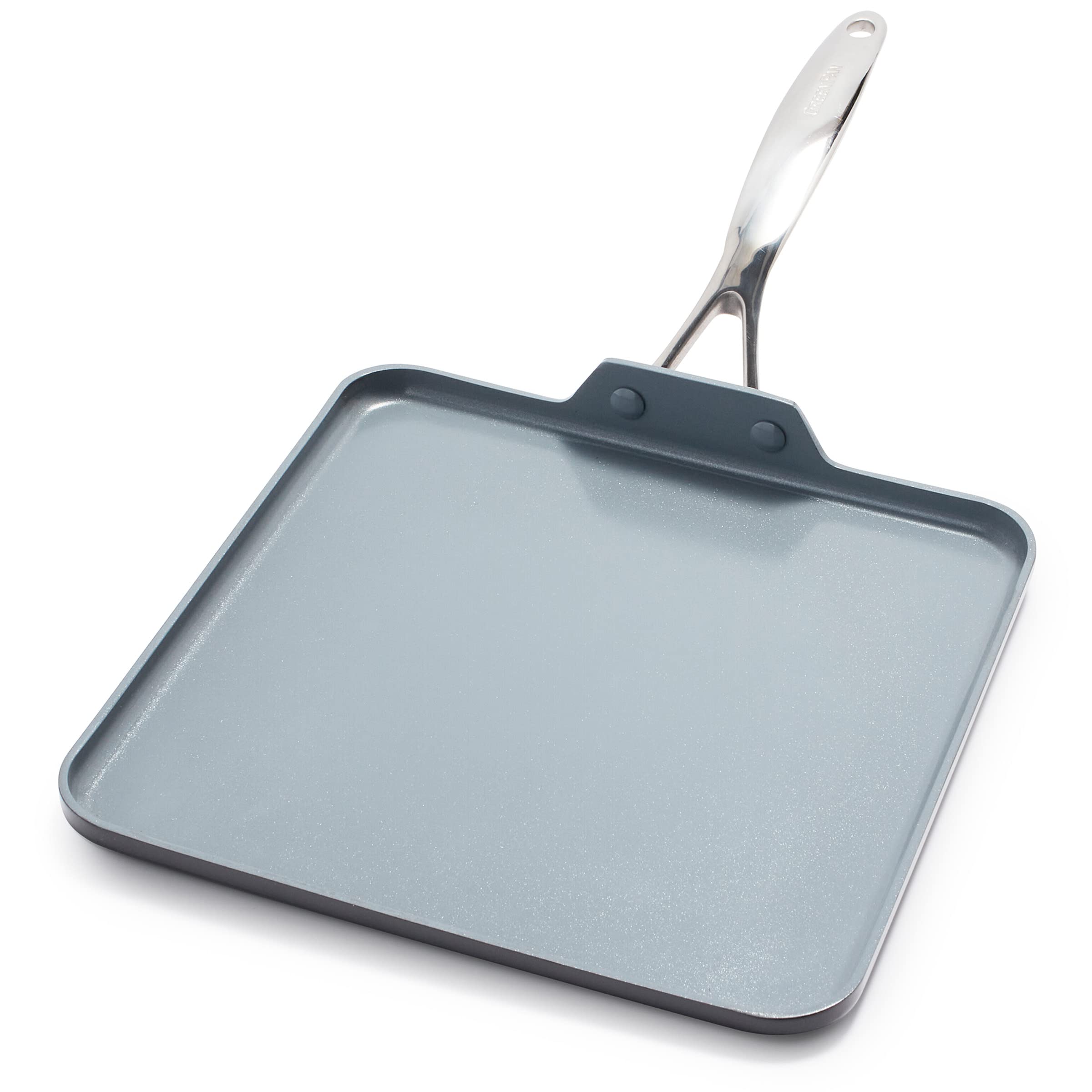 GreenPan Valencia Pro 11-inch griddle, top view, with sleek design and even heating potential.