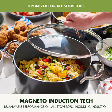 Stainless steel handle design stays cool during cooking.