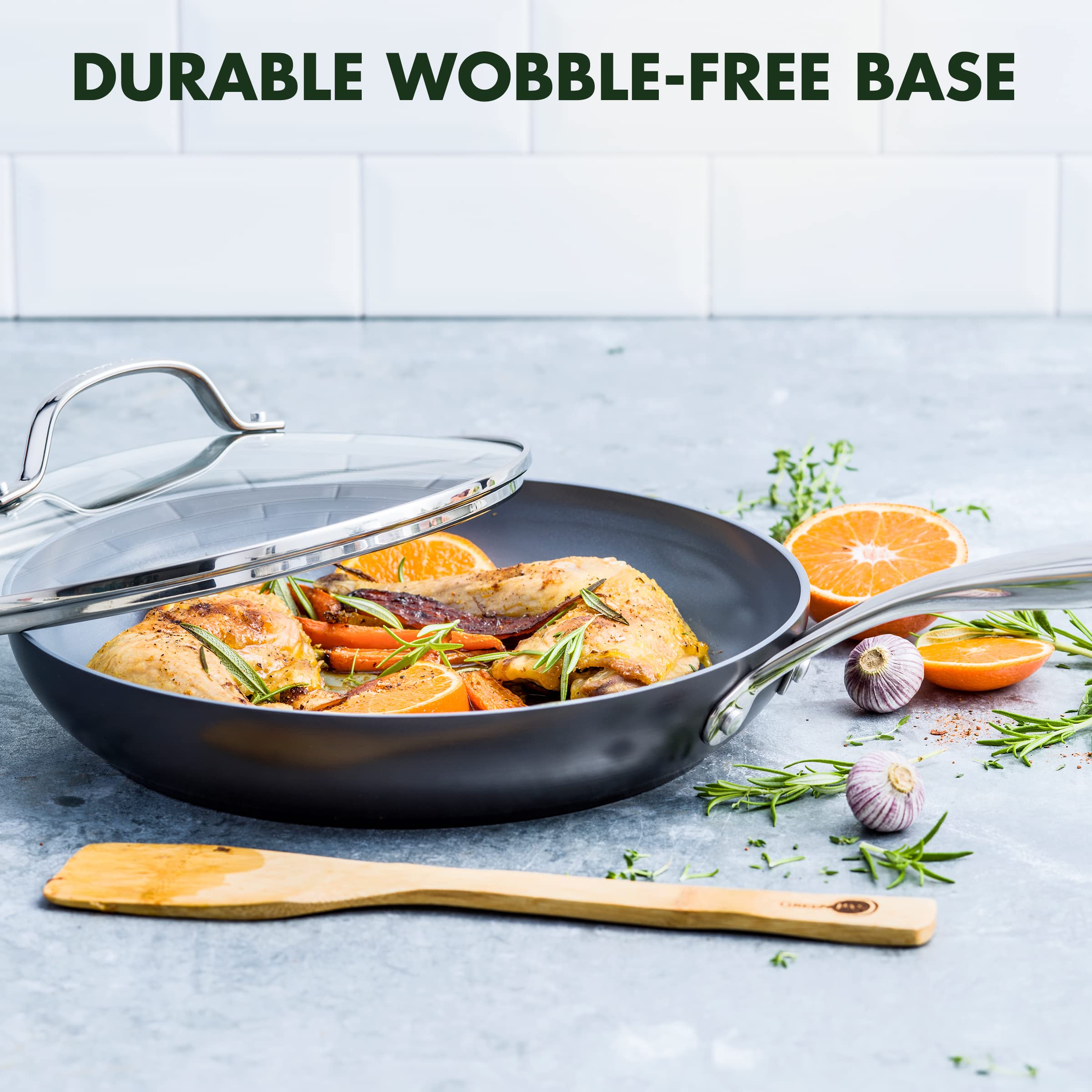 GreenPan Valencia Pro hard anodized body offers scratch resistance and longevity.