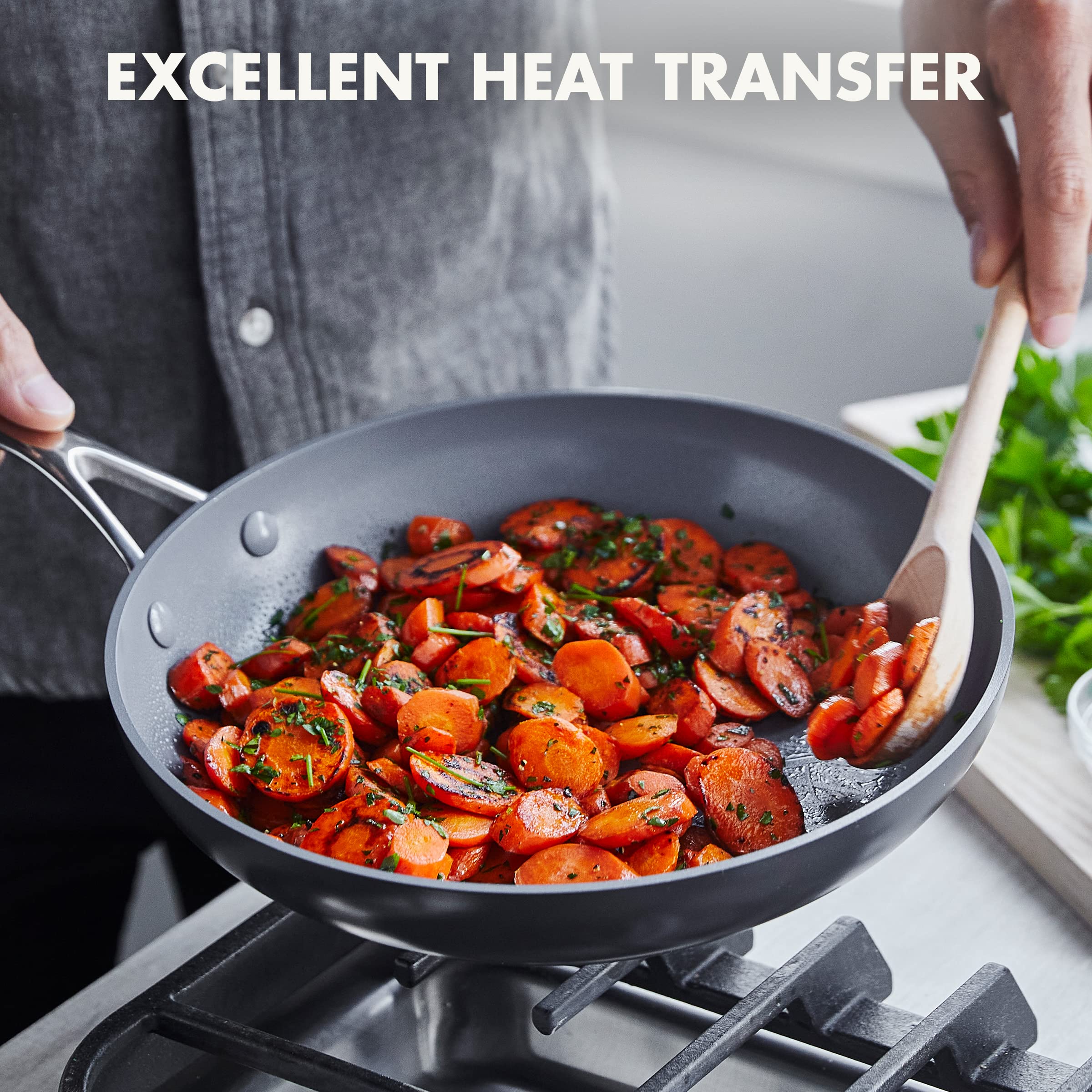 GreenPan Valencia Pro oven-safe pan up to 600°F with lid up to 425°F.