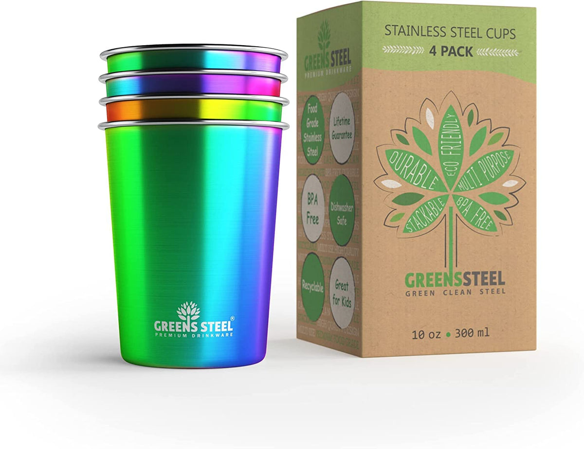 Greens Steel 10oz rainbow tumbler front view, durable daily drinkware for home.