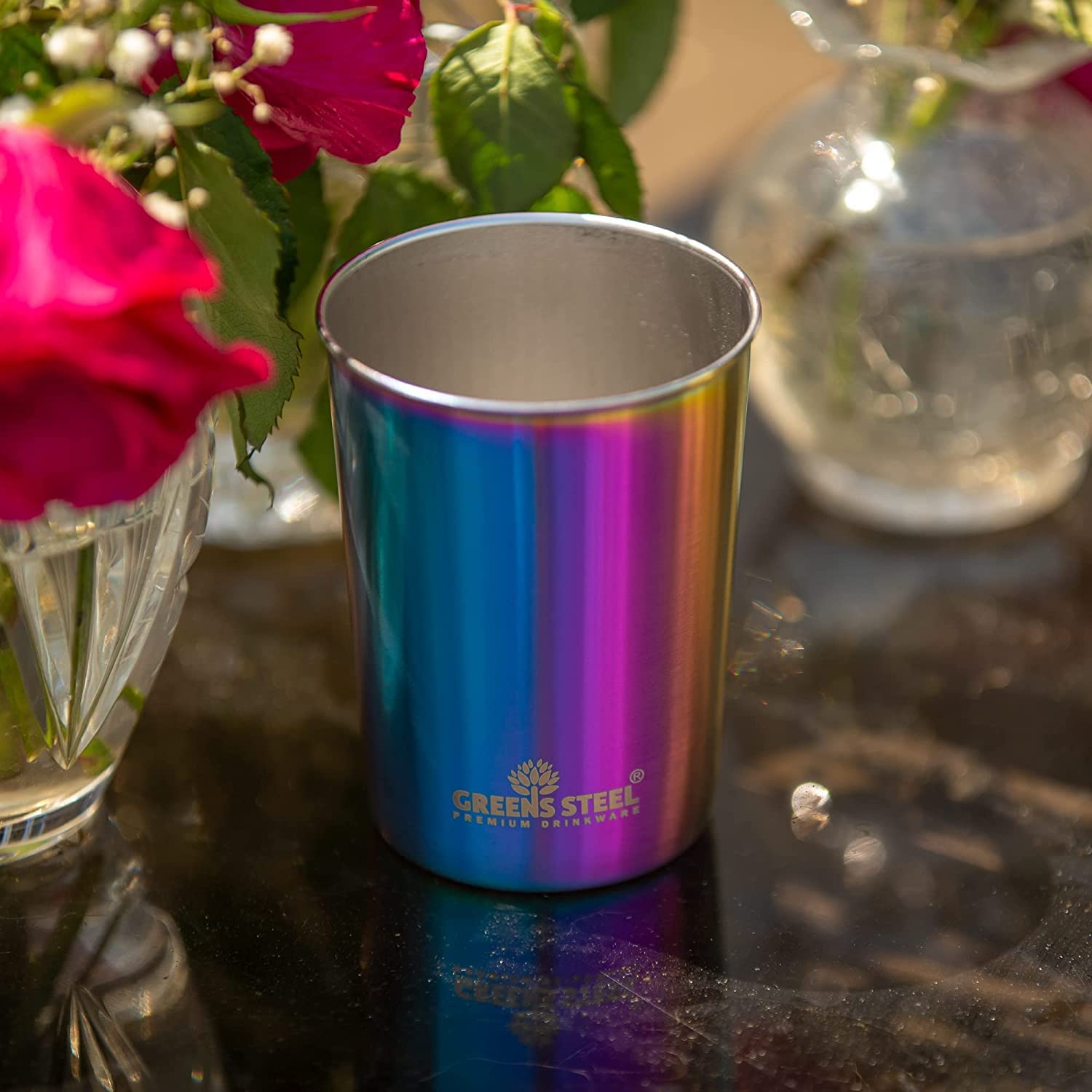 Greens Steel 10oz rainbow tumbler stackable design saves cabinet space.