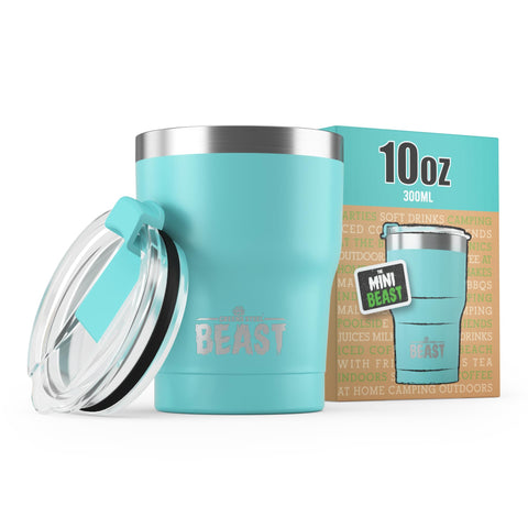 Greens Steel Beast 10oz tumbler in aquamarine blue, perfect for hot or cold drinks.