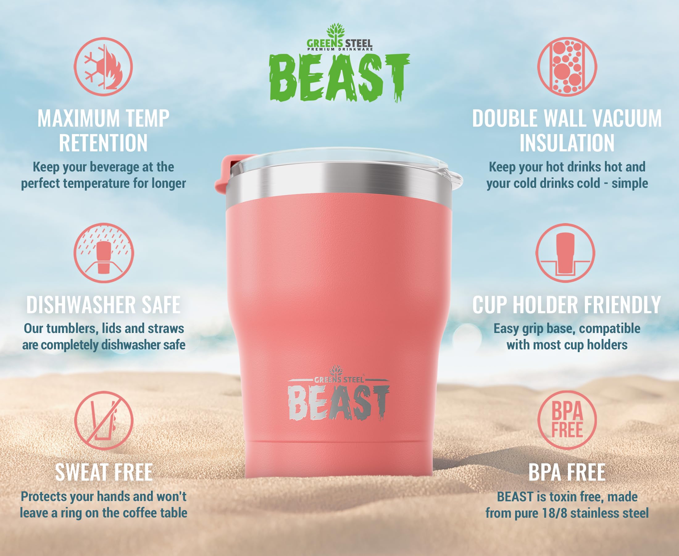 Greens Steel Beast 10 oz blossom-pink finish highlights premium stainless steel and everyday durability.