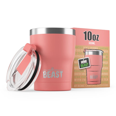 Greens Steel Beast 10 oz tumbler with blossom pink lid for spill-free travel coffee.