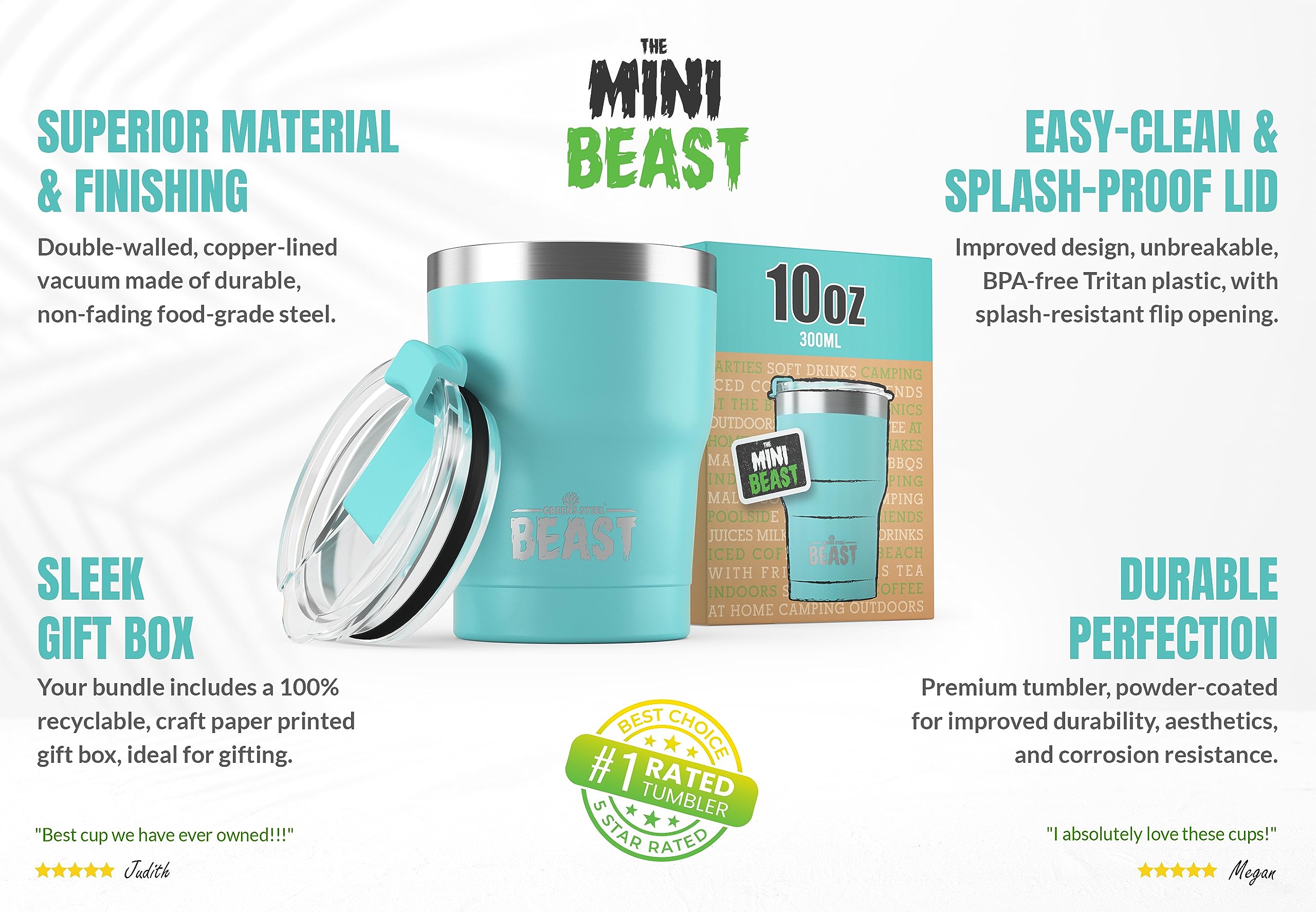 Greens Steel Beast 10oz tumbler durable coating resists rust and scratches.