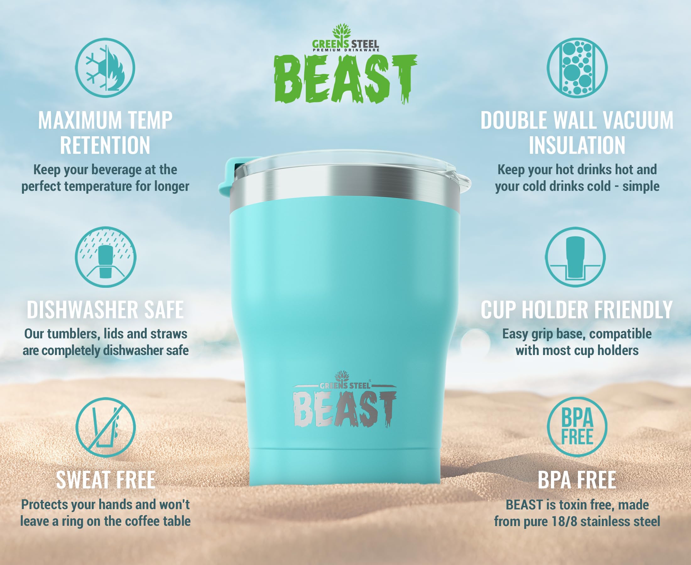 Greens Steel Beast 10oz tumbler with splash-proof lid keeps beverages secure on the go.