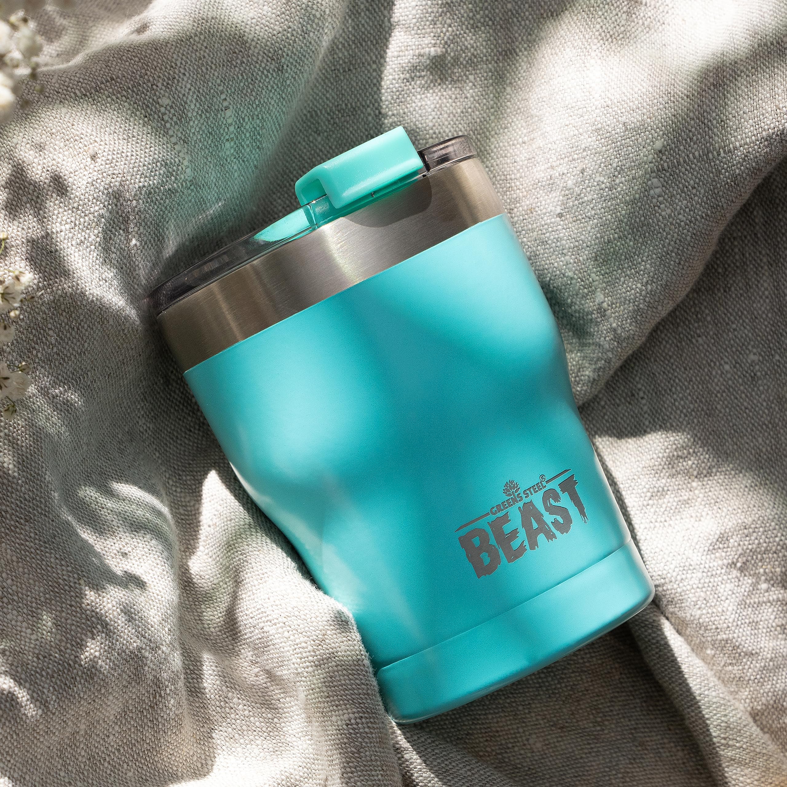 Greens Steel Beast 10oz tumbler showcasing stainless interior for clean taste.