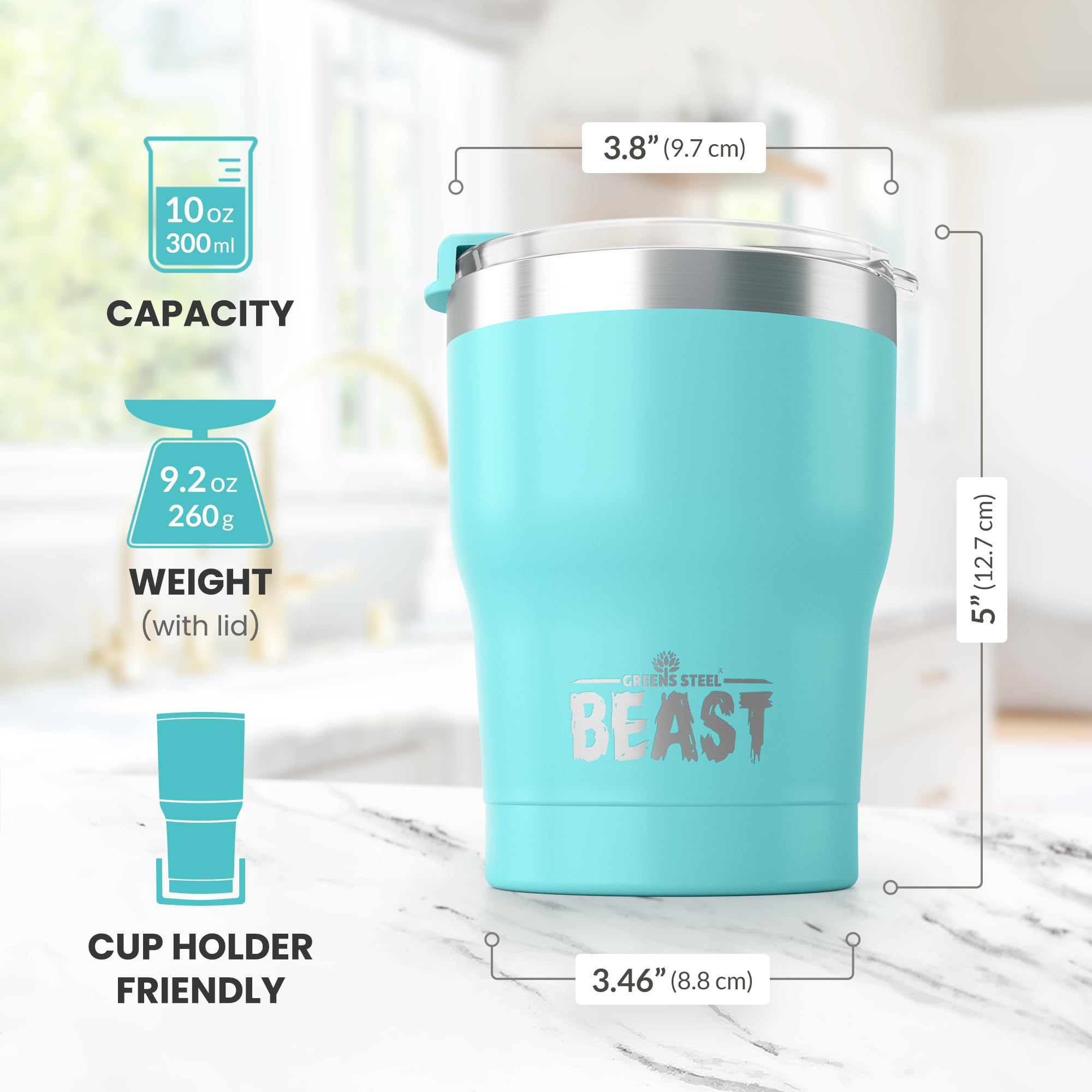 Greens Steel Beast 10oz tumbler sweat-free exterior for comfortable handling.