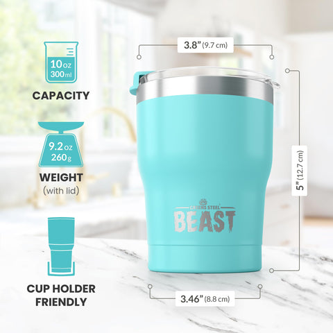 Greens Steel Beast 10oz tumbler sweat-free exterior for comfortable handling.