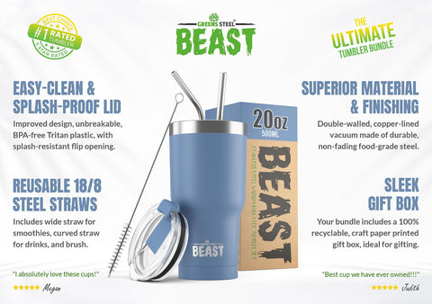 Greens Steel Beast 20oz curved straw included for easy hydration.
