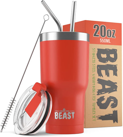 Greens Steel Beast 20oz tumbler Ladybug Red, front view with spill-safe lid