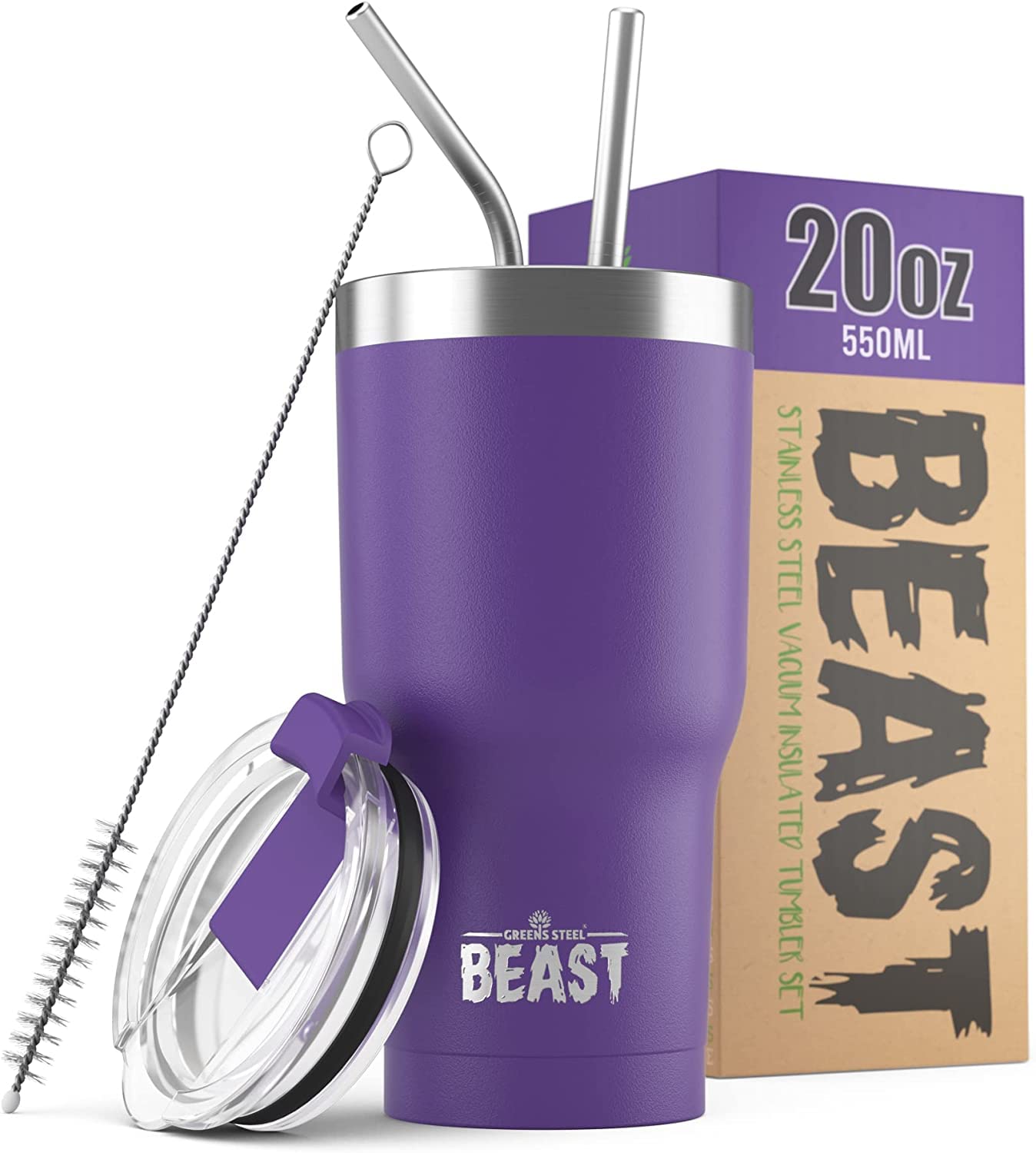 Greens Steel Beast 20oz tumbler purple front view, sturdy design for cold drinks