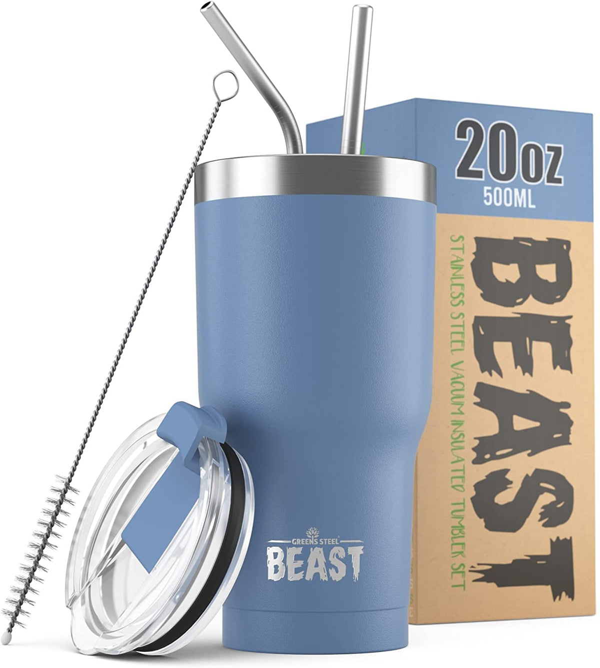 Greens Steel Beast 20oz tumbler in stormy sky blue keeps beverages hot or cold on the go.