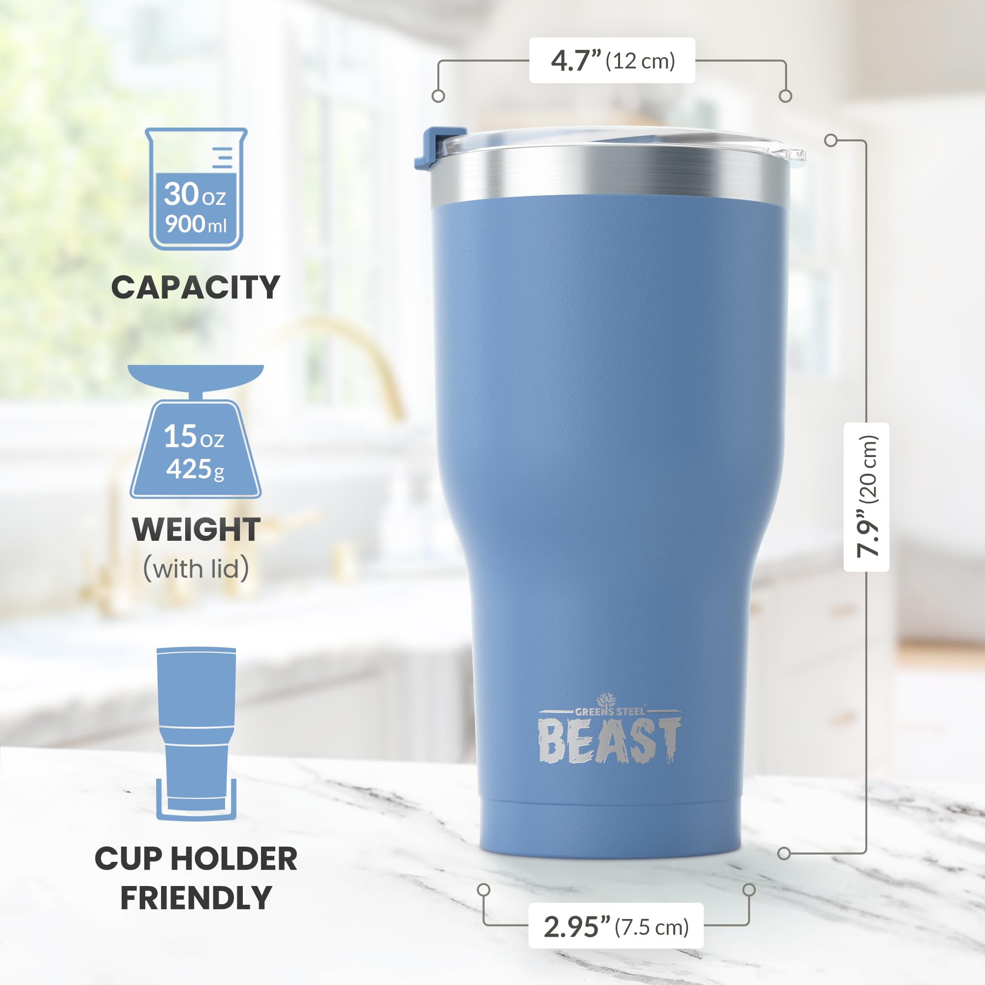 Greens Steel Beast 30oz capacity fits bold beverages on the go.